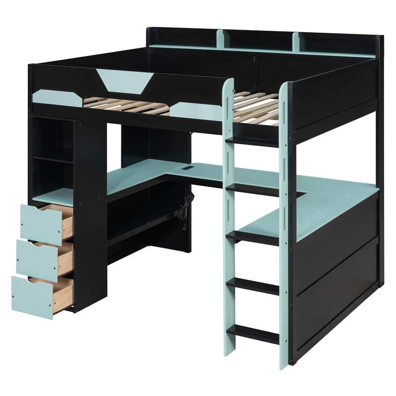 Full Size Gaming Loft Bed with U-Shaped Desk, RGB LED Lights & Charge Station, High Profile Storage Bed Frame with Drawers & Shelves