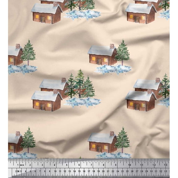 Soimoi White Moss Georgette Fabric Pine Tree & Cottage Nature Printed Fabric 1 Yard 42 Inch Wide