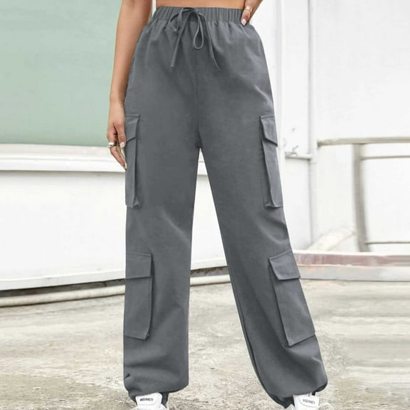 qolati Womens Cargo Sweatpants Casual Baggy Wide Straight Leg Cinch Bottom Trousers High Elastic Waisted Drawstring Workout Joggers Pants