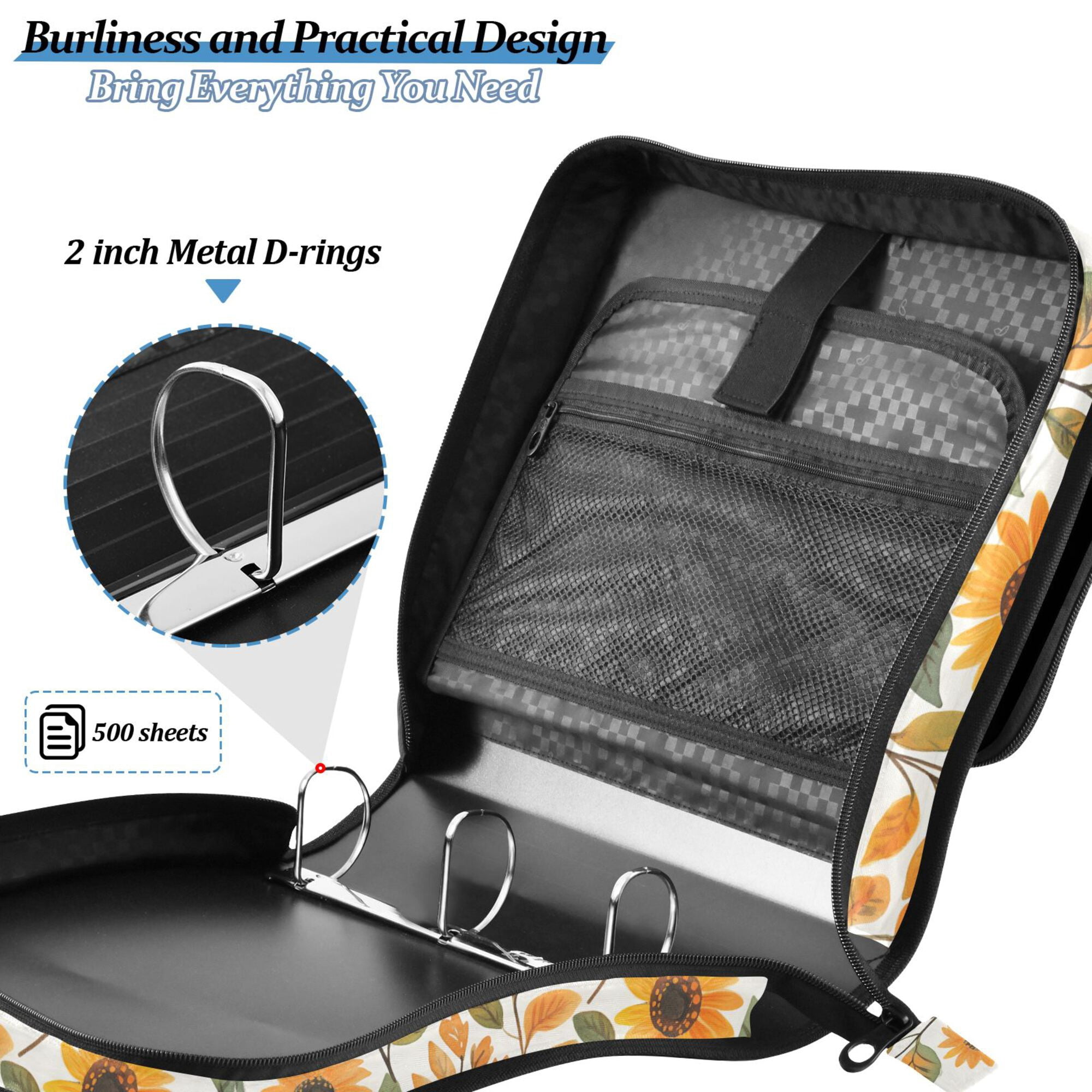FORMRS Zipper Binder with Shoulder Strap 2-inch Ring 500 Sheet Capacity File Bag, Watercolor Sunflowers