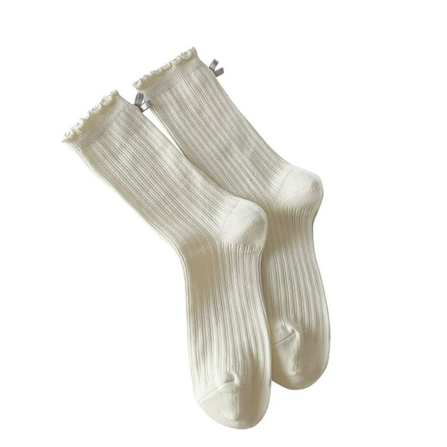 LckLvx Ruffle Socks for Women Cute Frilly Knit Socks with Bow Solid Color Casual Mid Calf Socks