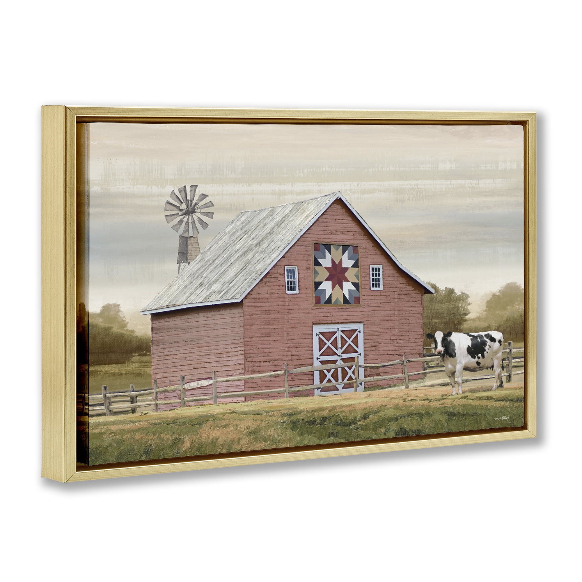 Stupell Industries Traditional Barn & Windmill Landscape & Nature Painting Gold Floater Framed Canvas Art Print Wall Art, 25 x 17