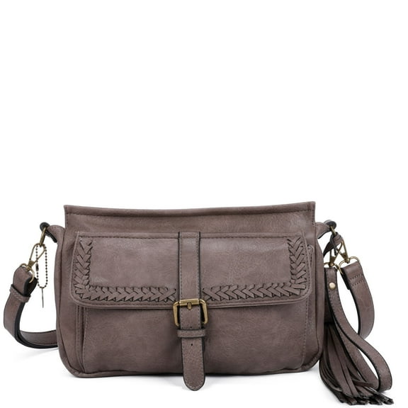 Whitney Womens Vegan Leather Laced Flap Messenger Crossbody Bag by Ampere Creations - Stone