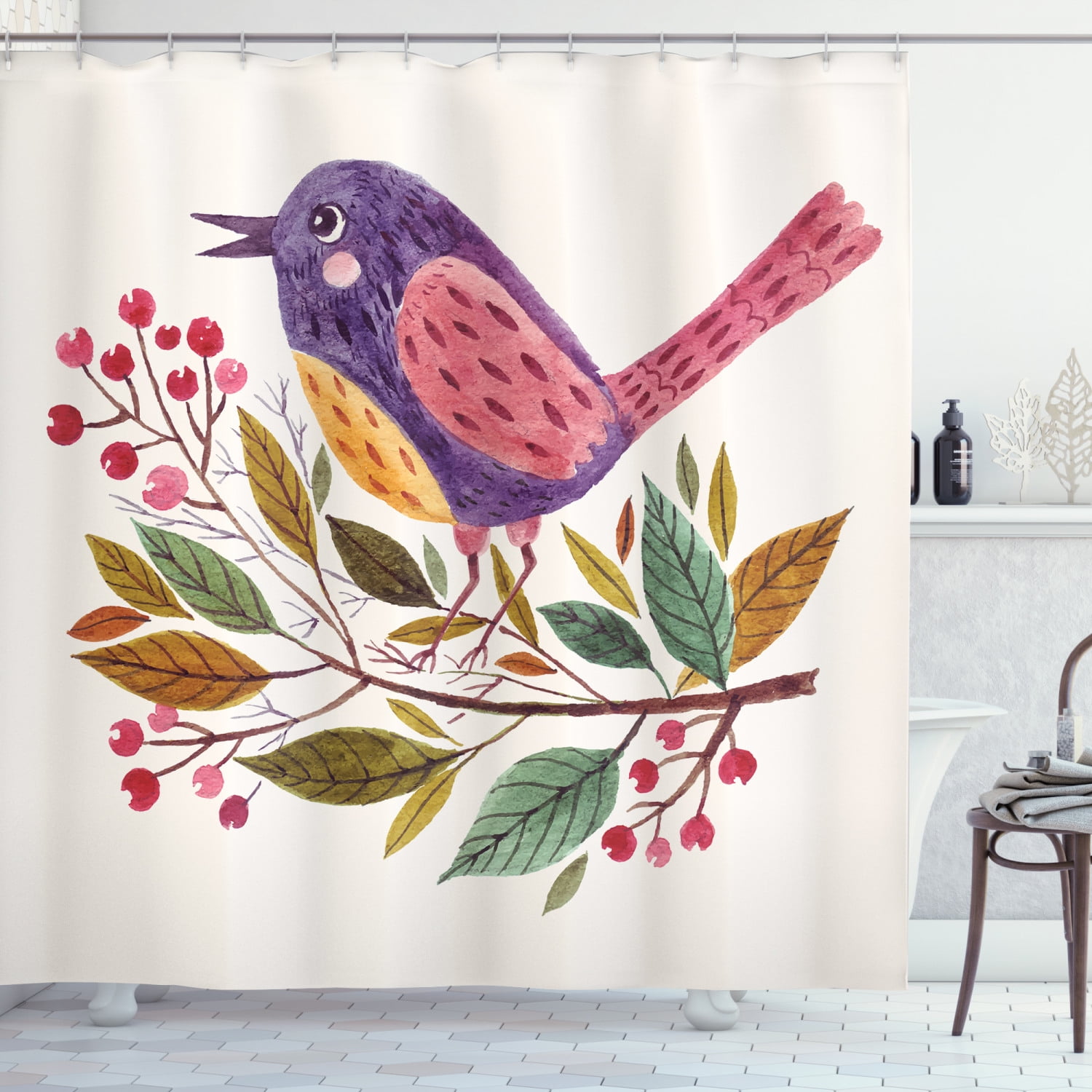 Birds Shower Curtain, Inspirational Spring Themed Watercolor Design of