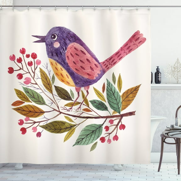 Birds Shower Curtain, Inspirational Spring Themed Watercolor Design of a Mockingbird on Scarlet Firethorn, Fabric Bathroom Set with Hooks, 69W X 70L Inches, Multicolor, by Ambesonne