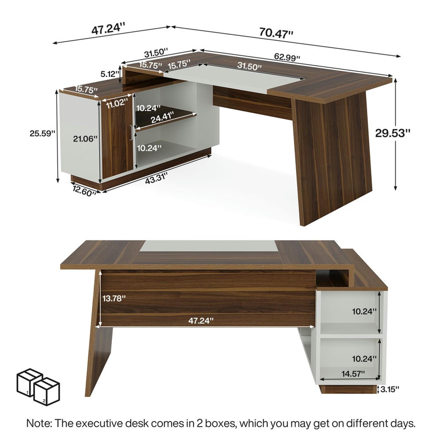 Demi Bonn Modern L Shaped Gaming Computer Desk, 70" Corner Executive Desk with Storage Cabinet for Home Office, Brown