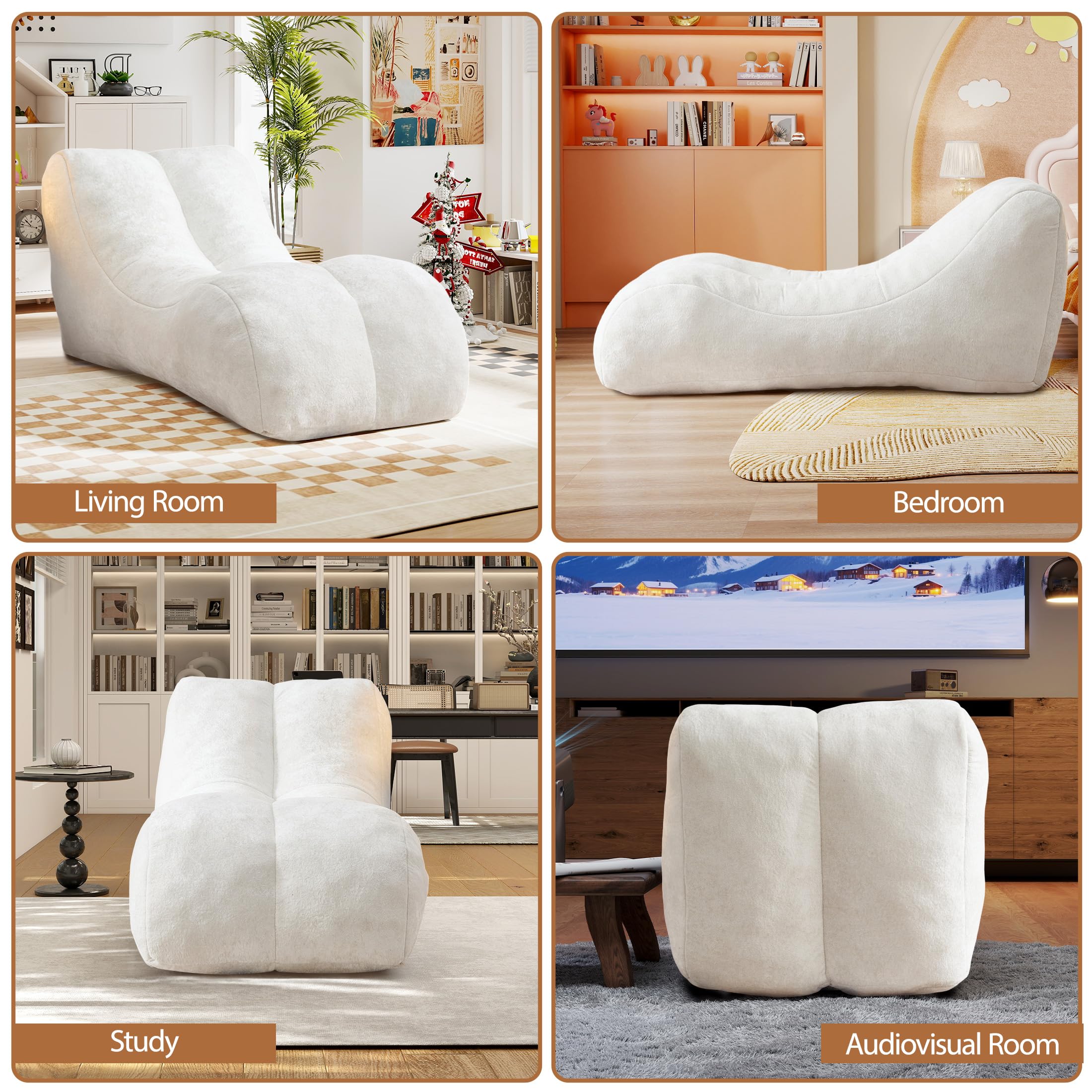 Aukfa Chaise Lounge, Bean Bag Sofa for Stretching, Relaxation, High Density Foam Recliner, White