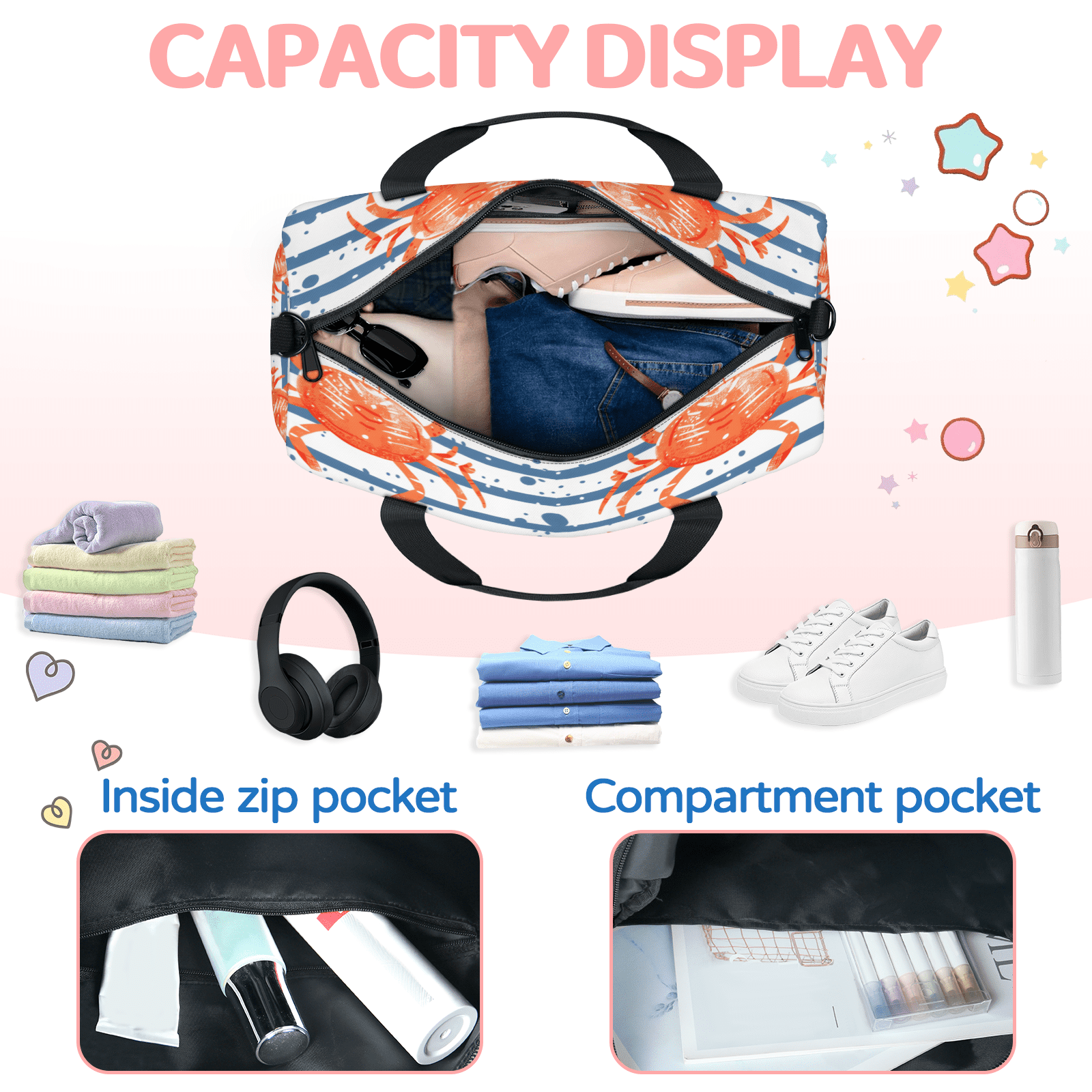 Herdesigns Crab Travel Duffle Bag Sports Yoga Weekender Overnight Carry on Workout Bags Lightweight Waterproof Gym Tote Bag for Women Ocean