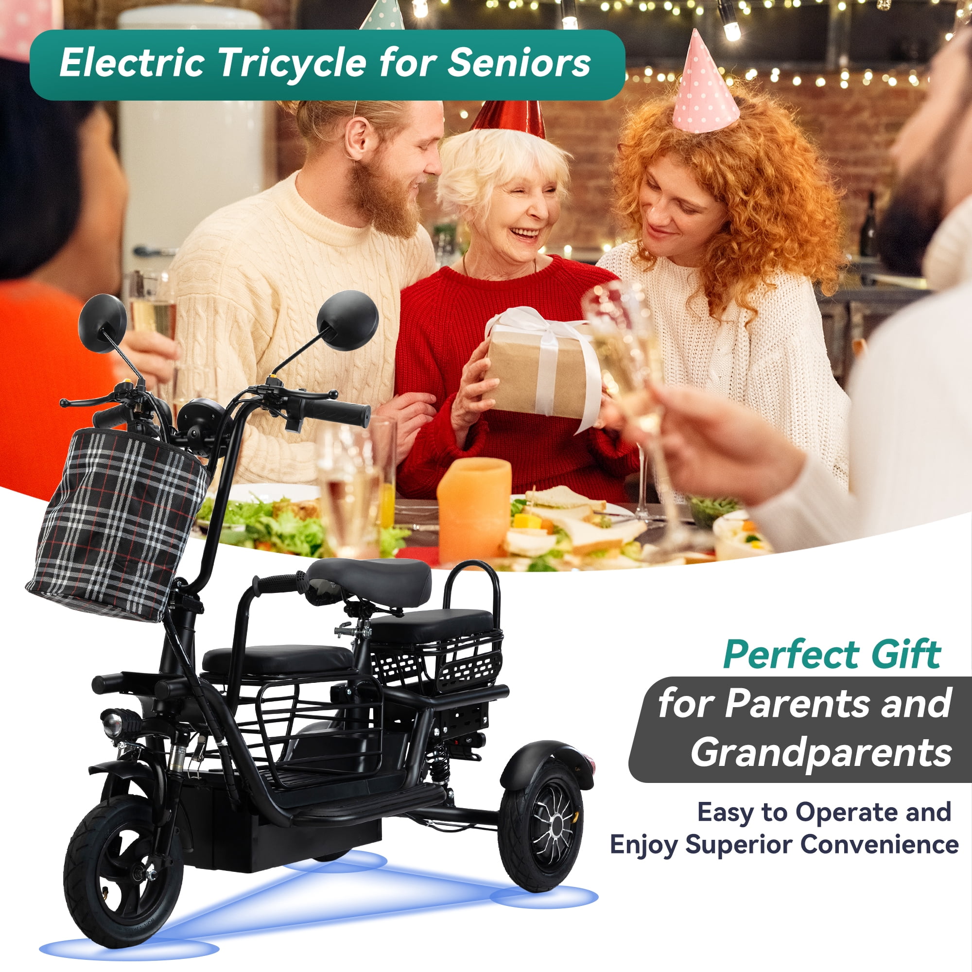 JAXPETY Folding Electric Tricycle, 3 Wheel Motorized Bicycle with 48V 400W Lithium Battery, for Men/Women/Kids, Perfect Spring Gift for Family, Black
