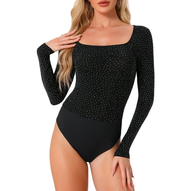 INSPIRAR CHIC Bodysuits de Fiesta para Mujeres con Puntos Metálicos Brillantes, Cuello Cuadrado, Mangas Largas, Talla L, Negro