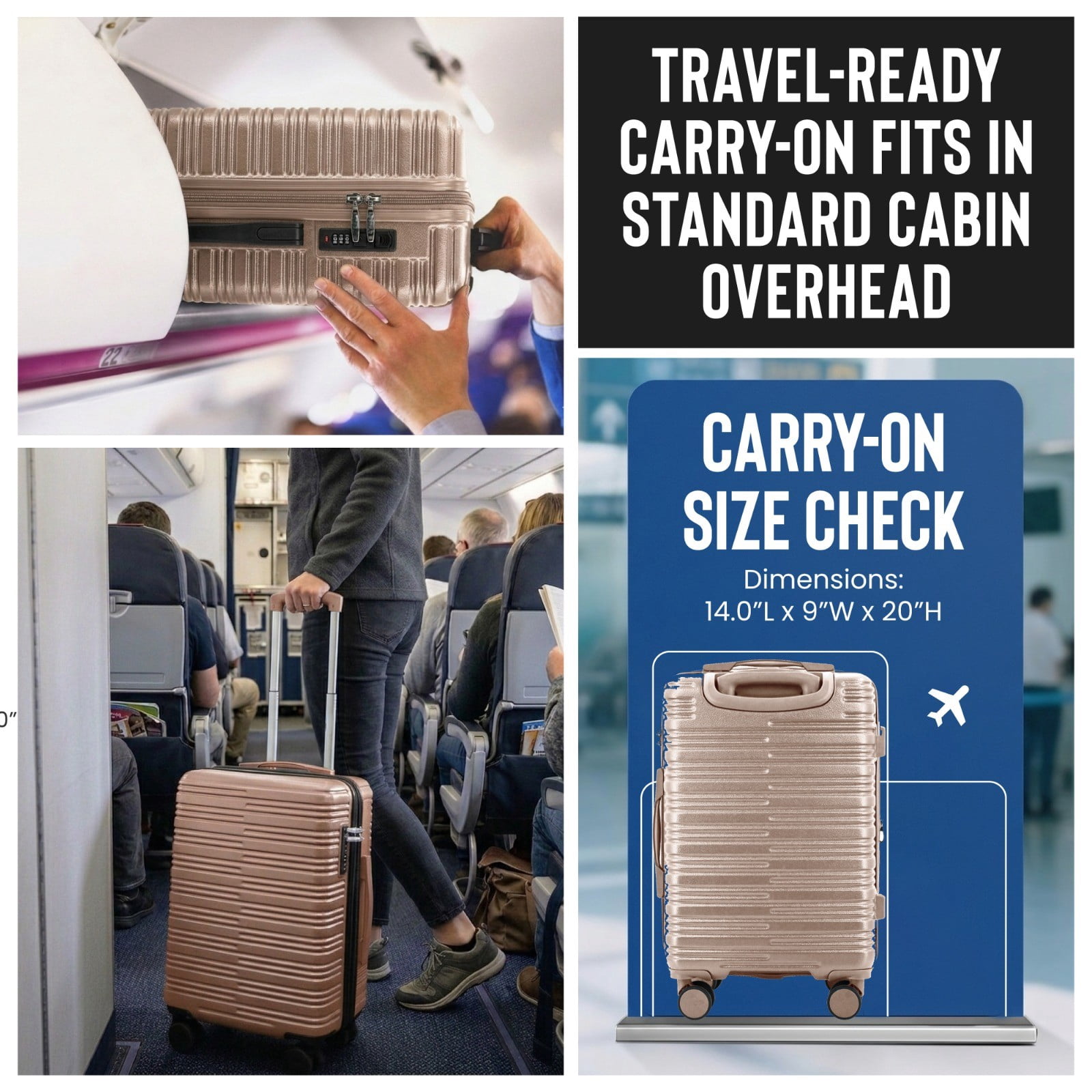 20" Hardside Carry-on Expandable Spinner Luggage for Travel, Rose Gold