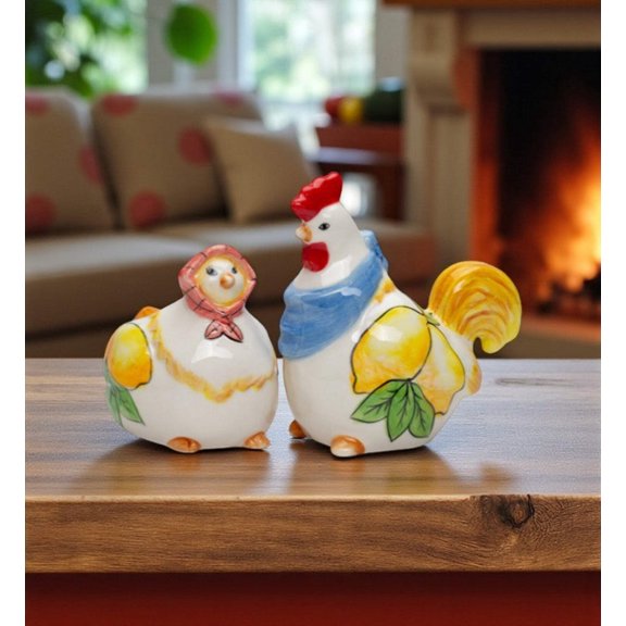 Ceramic Tuscany Rooster  Hen Salt and Pepper Shakers with Lemon Theme, Farmhouse Kitchen Decor, Gift for Her