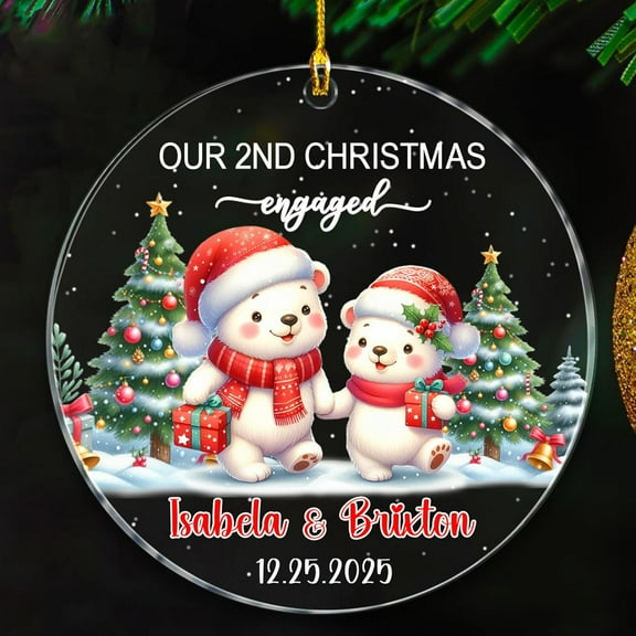 Our 2ND Christmas Engaged Ornament Gift, Custom Date Names Couple Polar Bear Engagement Ornaments, Second Xmas Engaged Ornament Decor, Mr Mrs Polar Bear Together Ornaments Christmas 2025
