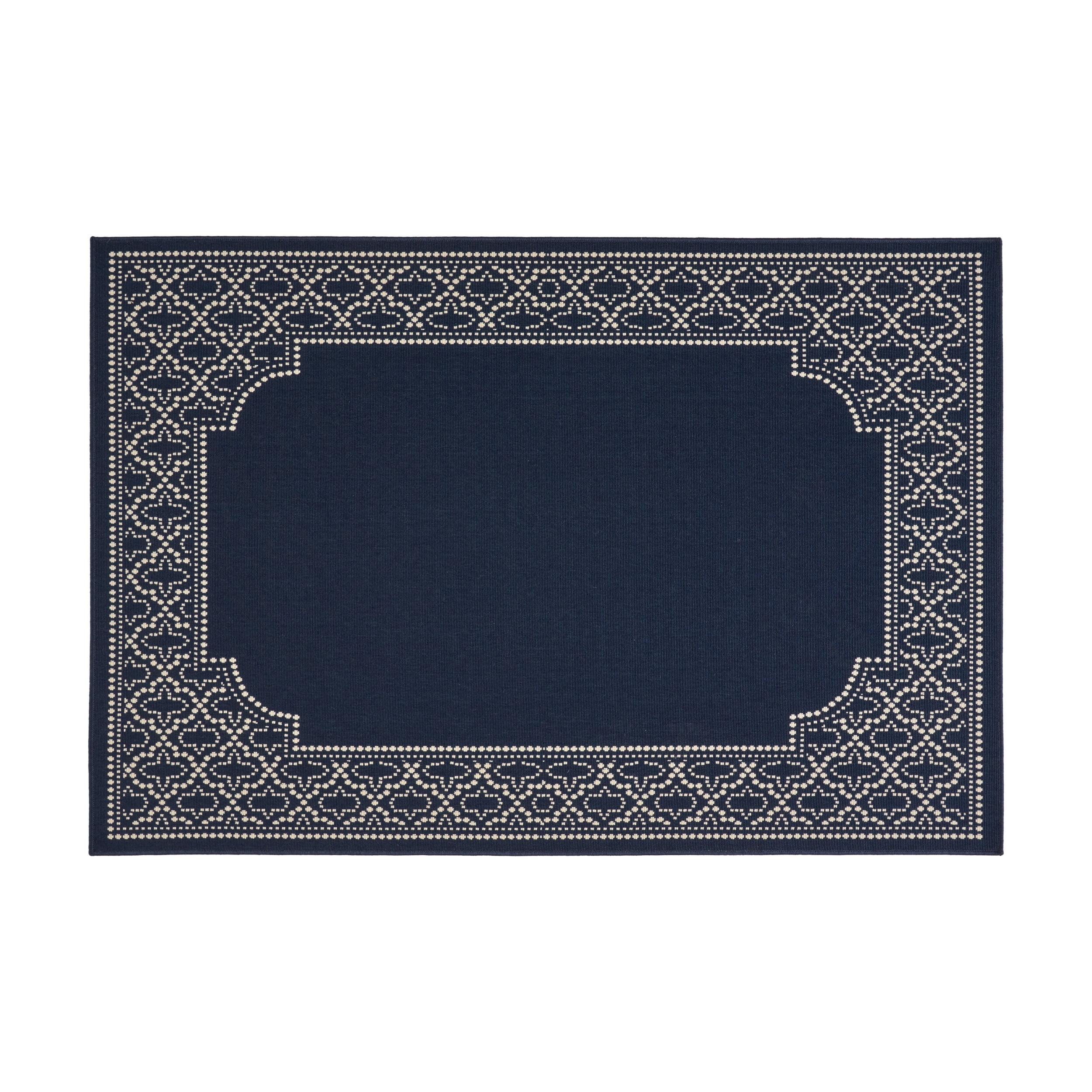 Dominga Outdoor 5'3" x 7' Border Area Rug, Navy and Ivory