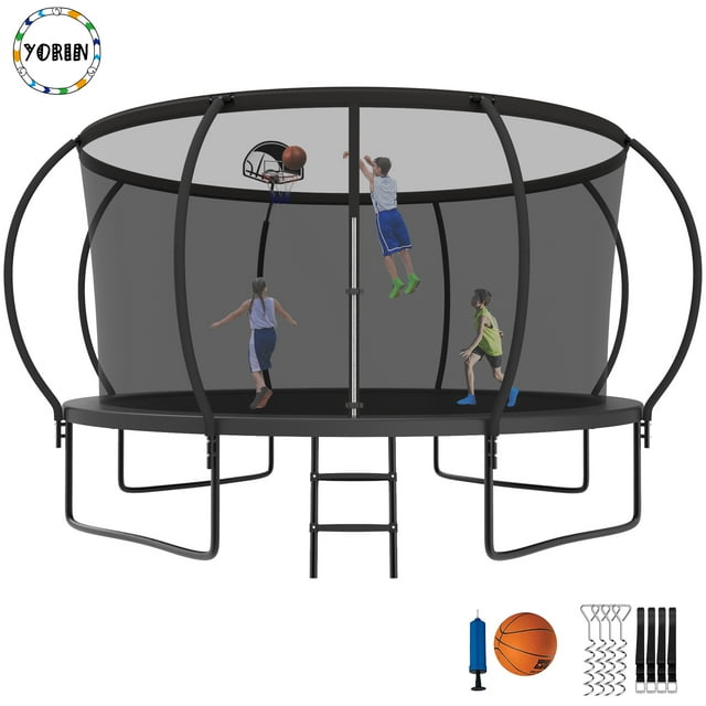YORIN Trampoline pour Enfants de 5 à 6 Ans, Trampoline de 12 Pi pour Adultes avec Filet de Protection, Panier de Basketball, Échelle, Capacité de Poids de 1200 Lb, Trampoline Récréatif Extérieur, Trampoline Robuste