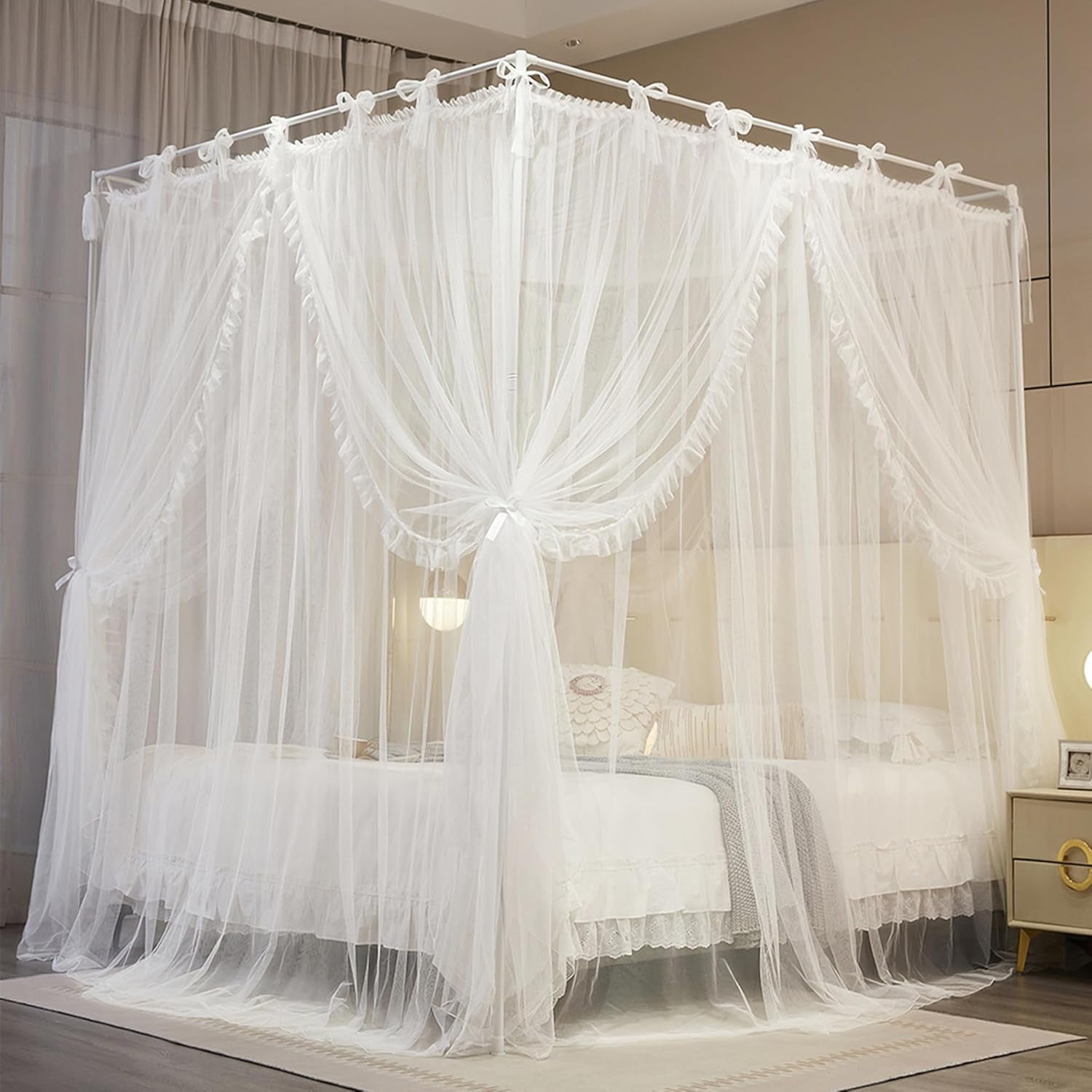 4 Corners Post Princess Curtain Bed Canopy Lace Up Double Layer 4 Opening Mosquito Net Mesh for Girls Bedroom Decoration(White, 59" W*82" L*82" H/Queen)