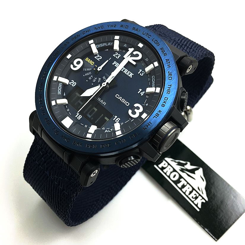 Casio Men's Pro Trek Solar Powered Triple Sensor Watch, Blue Nylon 