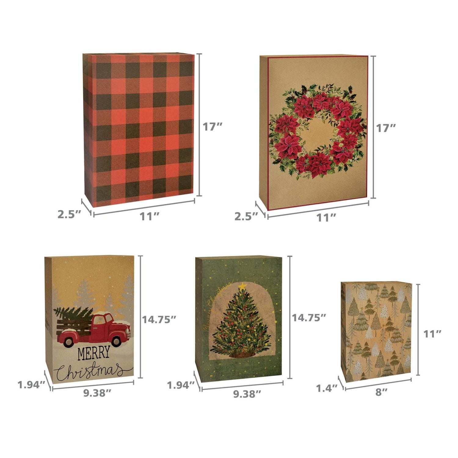 Boîtes-cadeaux Holiday Time pliantes imprimées de Noël en carton kraft, 3 tailles assorties, 6 boîtes, de Holiday Time 6 boîtes-cadeaux de Noël en carton kraft imprimées