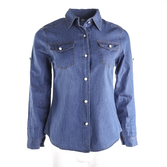 Canrulo Womens Blue Denim Shirt Jeans Long Sleeve Casual Tops Blouses Jacket Coat