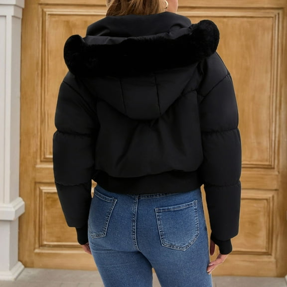 Women's Short Belted Puffer Jacket, Faux Fur Trim Hooded Quilted Coat, Waist Cinching Winter Jacket, Warm Winter Coat, Casual Short Puffer, Belted Winter Jacket, Cozy Faux Fur Hood Black L