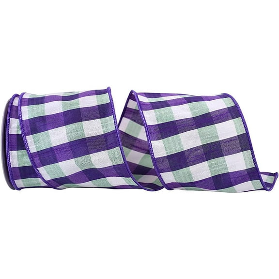 Wire Edged Shadow Purple, Green and White Plaid Dupioni Ribbon 4" Wide 10 Yards