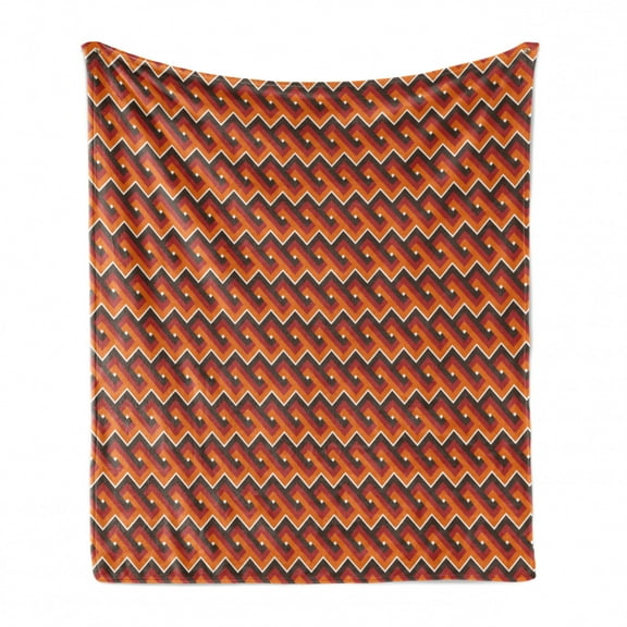 Retro Soft Flannel Fleece Throw Blanket, Entwined Zig Zag Wavy Geometric Pattern with Orange Backdrop Abstract Style Print, Cozy Plush for Indoor and Outdoor Use, 50" x 70", Multicolor, by Ambesonne