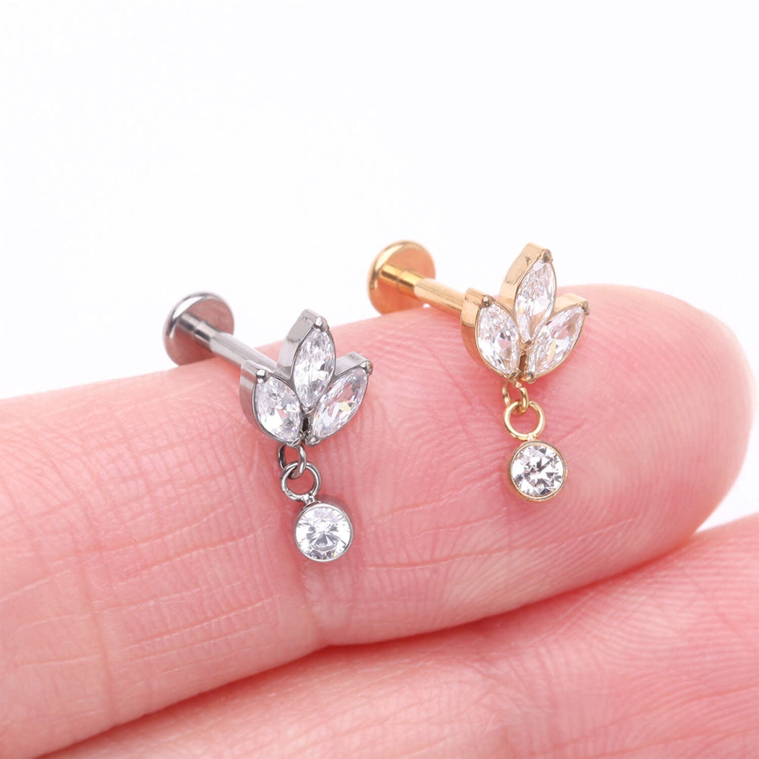 Implant Grade Titanium Golden Marquise Flower Sparkle Dangle Internally Threaded Flat Back Stud Labret
