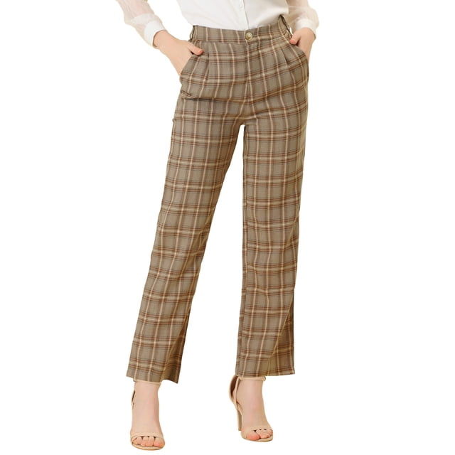 Pantalones a cuadros Allegra K para mujer Beige Marrón Claro L con bolsillos pierna recta trabajo oficina