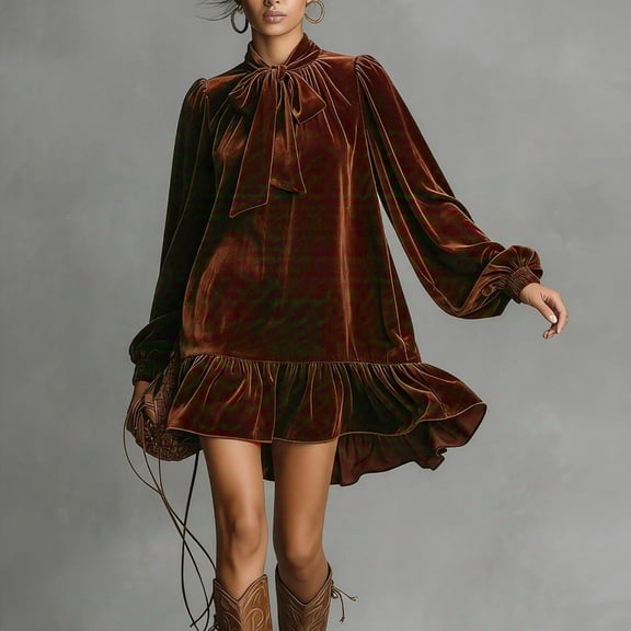 YueHuiYing Women's Bow-Tie Collar Stand-Up Collar Bubble Sleeves Velvet Ruffled Hem Loose-Fit Solid Color Long-Sleeve Crew Neck Dress