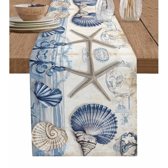 Navy Blue Coastal Table Runner 90 Inches, Vintage Sea Beach Shell Starfish Bed Runner Dresser Scarves Tabletop for Indoor Outdoor Parties/Ceremony/Banquet, 13" x 90"