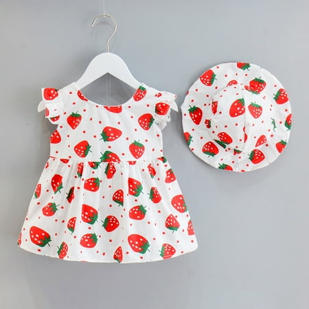 

Tking Fashion Toddler Baby Girls Fly Sleeve Strawberry Print Backless Princess Dress+Hat Red 80