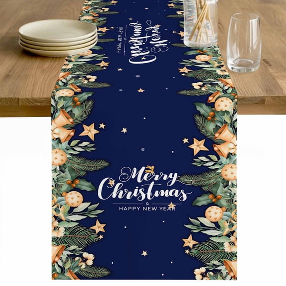 Navy Blue Christmas Table Runner 60 Inches Long Farmhouse Dress Scarves, Xmas Botanical Ball Bell Dining Tablerunner for Coffee Table/Kitchen Island/Party Décor, 13" x 60"