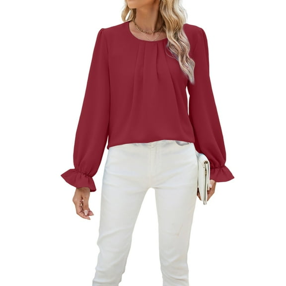 Women'S Solid Color Round Neck Long Sleeve Loose Chiffon Shirt Top Fashionable and Elegant Pullover Tops Wine Red L