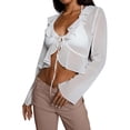 thumbnail image 4 of VISgogo, camiseta corta para mujer, manga larga, lisa/variegada, con volantes y lazo, cárdigan, camisas cortas, camisetas de primavera/verano con ombligo para mujer VISgogo  moda, 4 of 9
