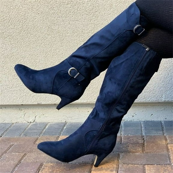 Tejiojio Clearance Women's Boots Pointed Toe Rider Boots Plus Velvet Mid-tube Women's Boots