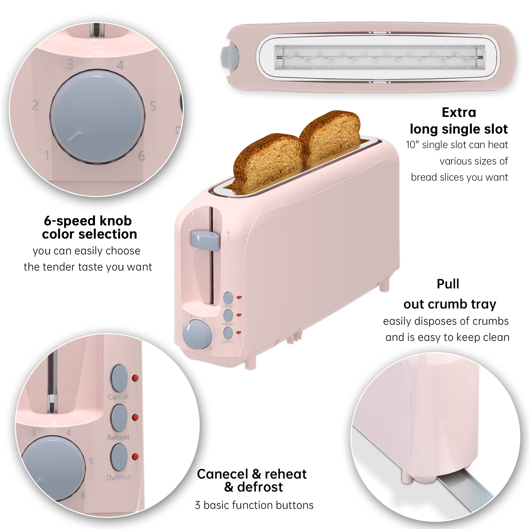 Pink 2-Slice Slim Toaster - 10" Long Slot for Bagels & Artisan Bread, 6 Shade Settings, Cancel/Reheat/Defrost, Removable Crumb Tray, Auto Shut-Off