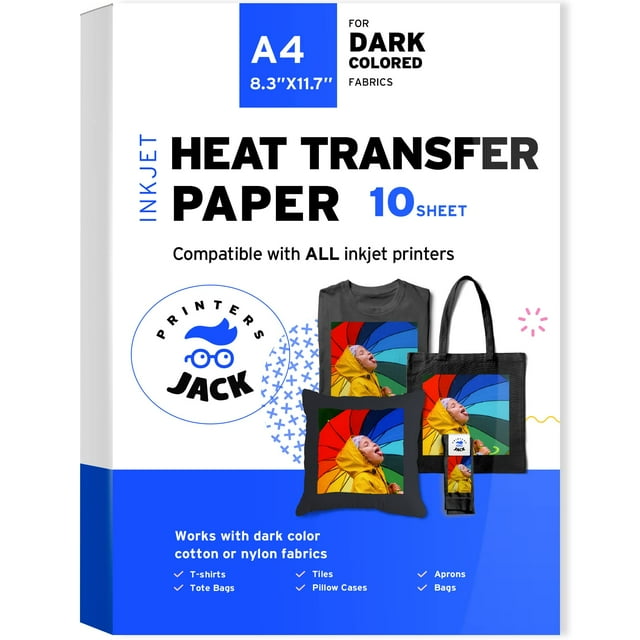 Printers Jack Papel de transferencia térmica termoadhesivo para tela oscura, paquete de 100, papel de transferencia de camisetas de 8,3 x 11,7 pulgadas para lavado de impresoras de inyección de tinta,