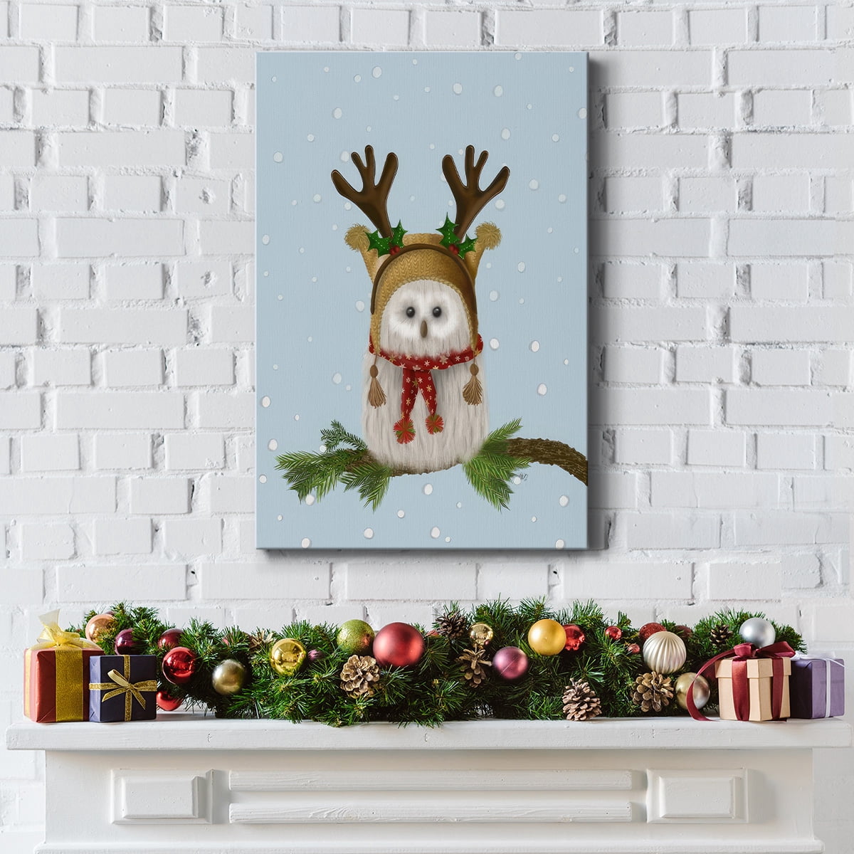 Christmas Fluffy Owl and Antlers- Gallery Wrapped Canvas