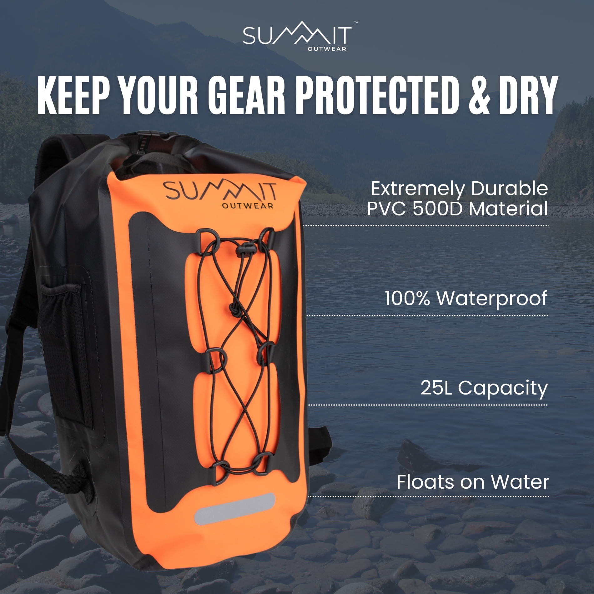Summit Outwear Waterproof Backpack – 30L Dry Bag Backpack with Roll Top Closure – Hiking Backpack – Dry Sack for Kayaking
