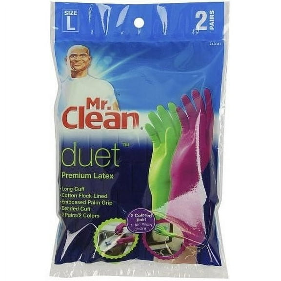 Mr. Clean Duet Reusable Gloves, Latex, Large 2 pair (Pack of 16)