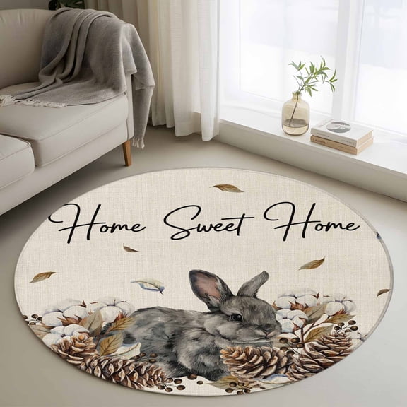 Round Rug 3.3Ft Washable Non-Slip, Rabbits Pine Cone Circle Area Rugs for Living Room Bedroom, Sweet Home Texture Rustic Leaf Retro Beige Indoor Floor Mats Carpet Runner for Home Decor Aesthetic