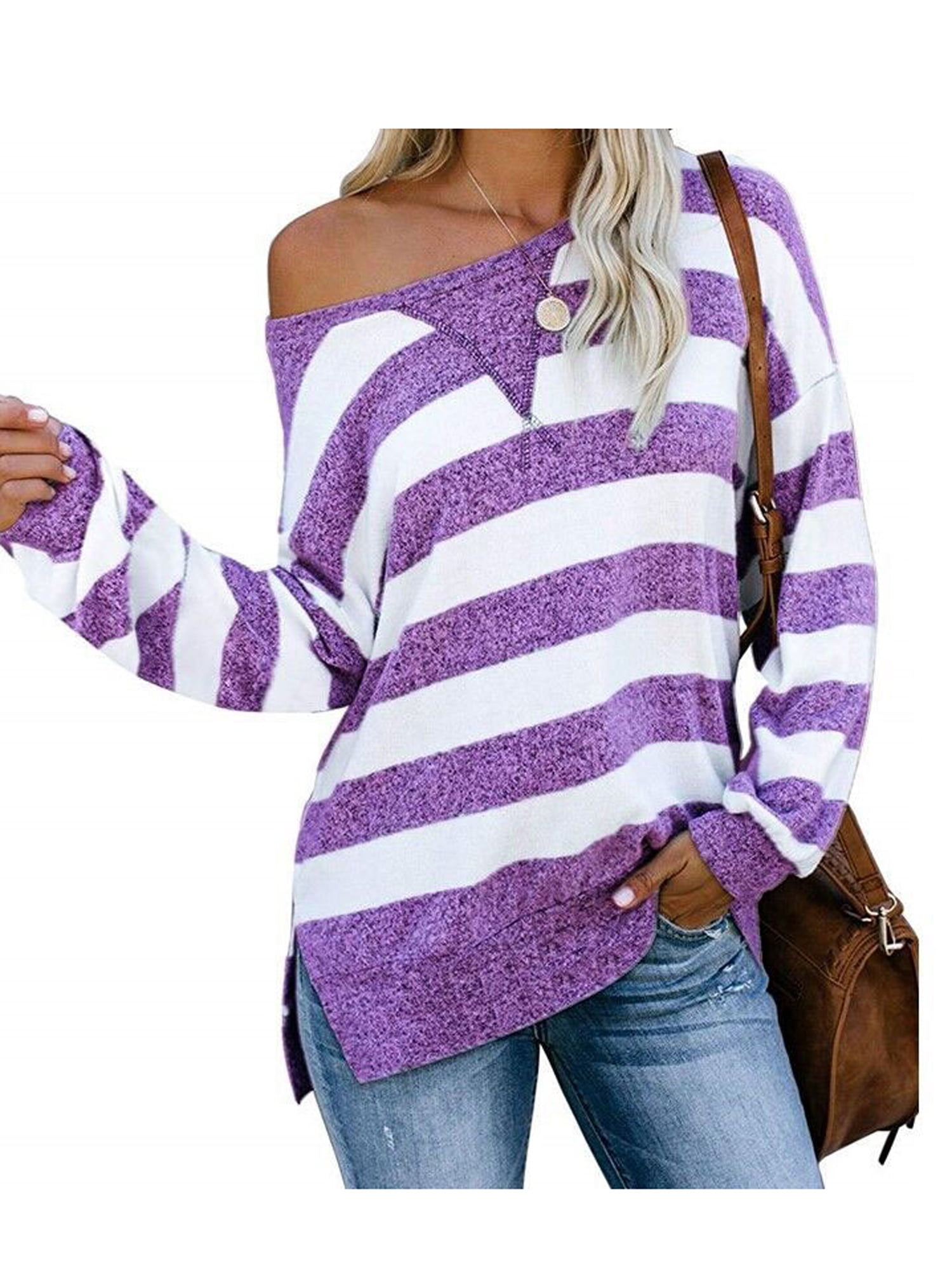 Wodstyle Women's Striped One Shoulder Long Sleeve Blouse Plus Size