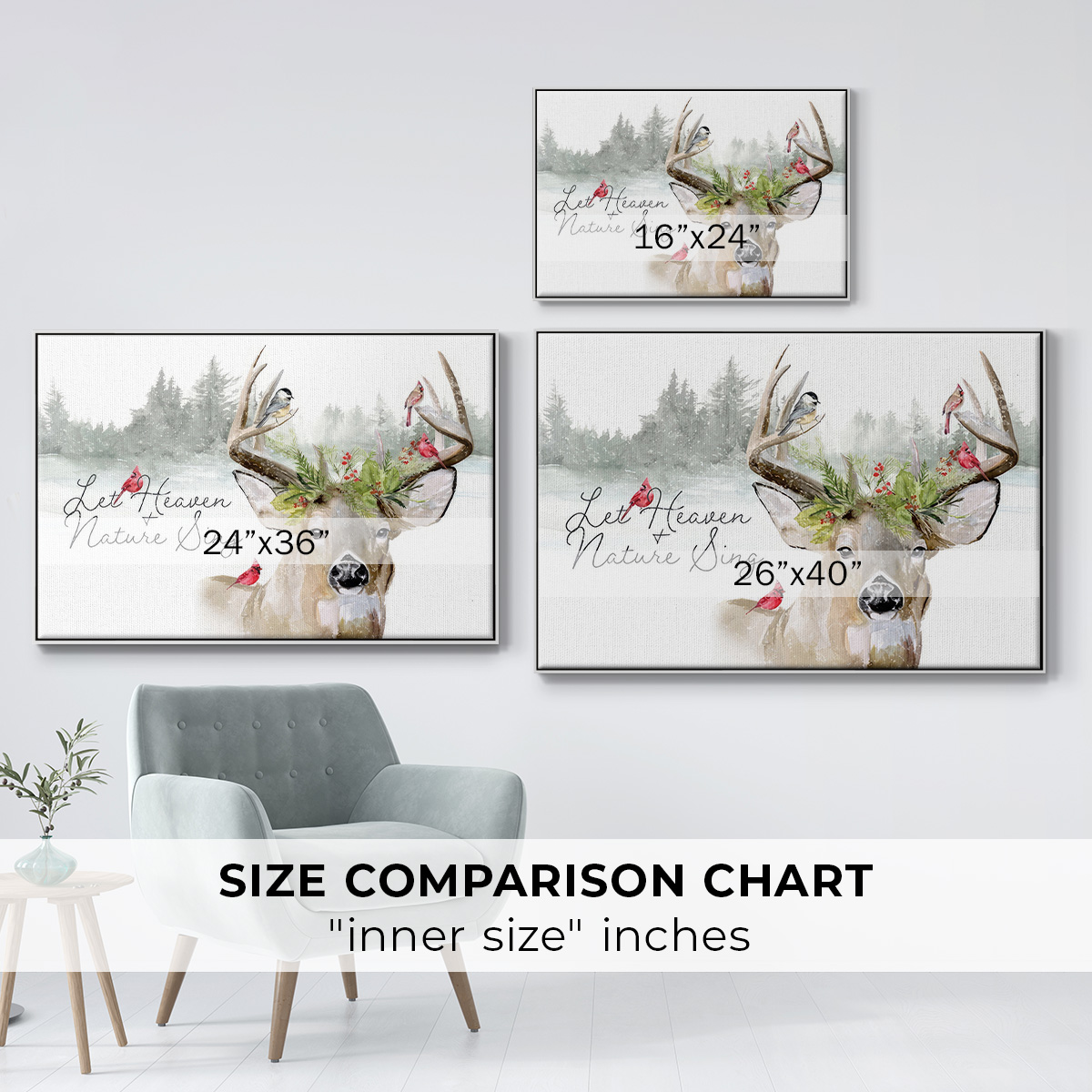 Holiday Deer Collection A - Framed Gallery Wrapped Holiday Canvas - 17 x 25 - White Frame
