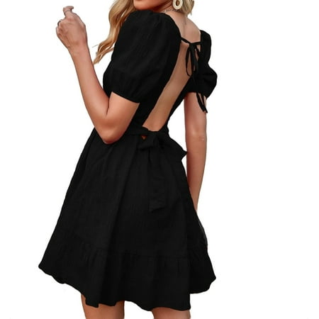 

Women s Casual Puff Short Sleeve Round Neck Backless Short Dress L(8/10)