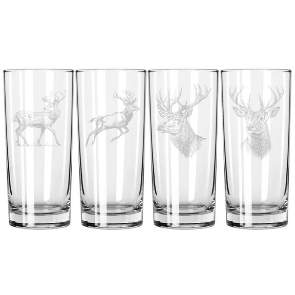 Set of 4 Highball 15 oz Tall Beverage Drinking Glass Tumbler Gift Deer Collection