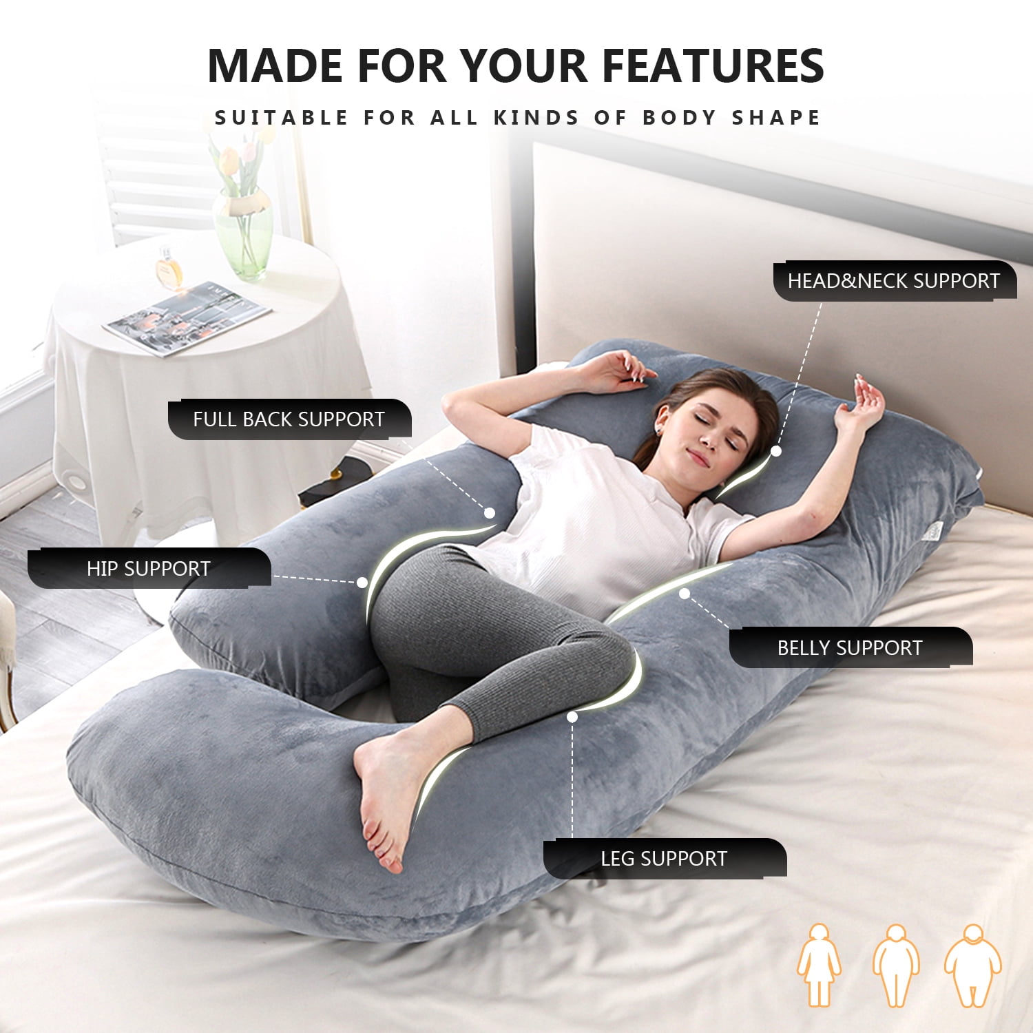 Babyomi J Shaped Maternity Pillow - Full Body Support for Pregnancy, Back & Hip Pain Relief, 3-in-1 Nursing Pillow, Machine Washable Cover, Grey