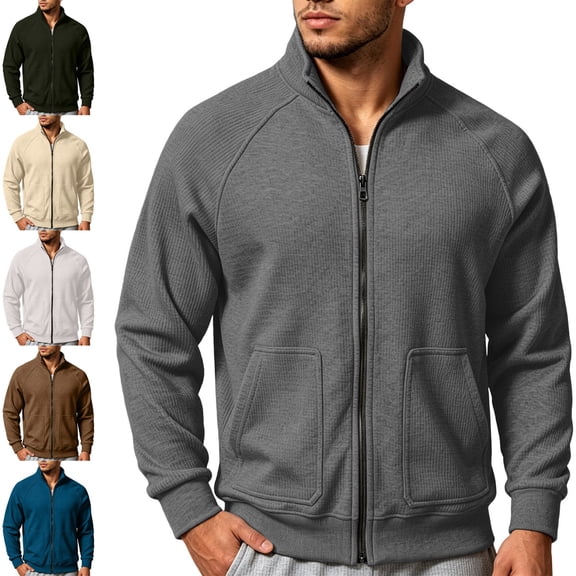Zysthvn Mens Winter Sweatshirt Zip up Casual Jackets with Pockets Long Sleeve Solid Stand Collar Ribbed Tops