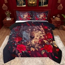 Feelyou Cartoon Wolf Teens Bedding Comforter Set, Romantic Jungle Animal Twin Comforter Sets, Red Anniversary Rose Reversible Bedding Set, Ultra Soft Bedroom Decor, 2-Piece