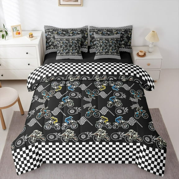 Feelyou Motorcycle Sport Boys Twin Bedding Sets 7-Piece, Black Dirt Bike Lover Bedding Comforter Set, Extreme Sports Reversible Sheet Sets, Ultra Soft Home Decor