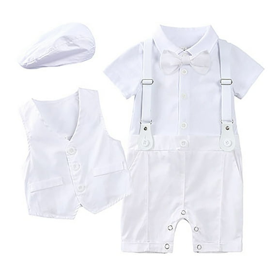 LYMAYTER Infant Boys Suit Short Sleeve Shirt with Bow Tie 2PCS Fake Two Pieces Vest Kids Dress Pants Gentleman Outfit for 9 Months - 4 Years